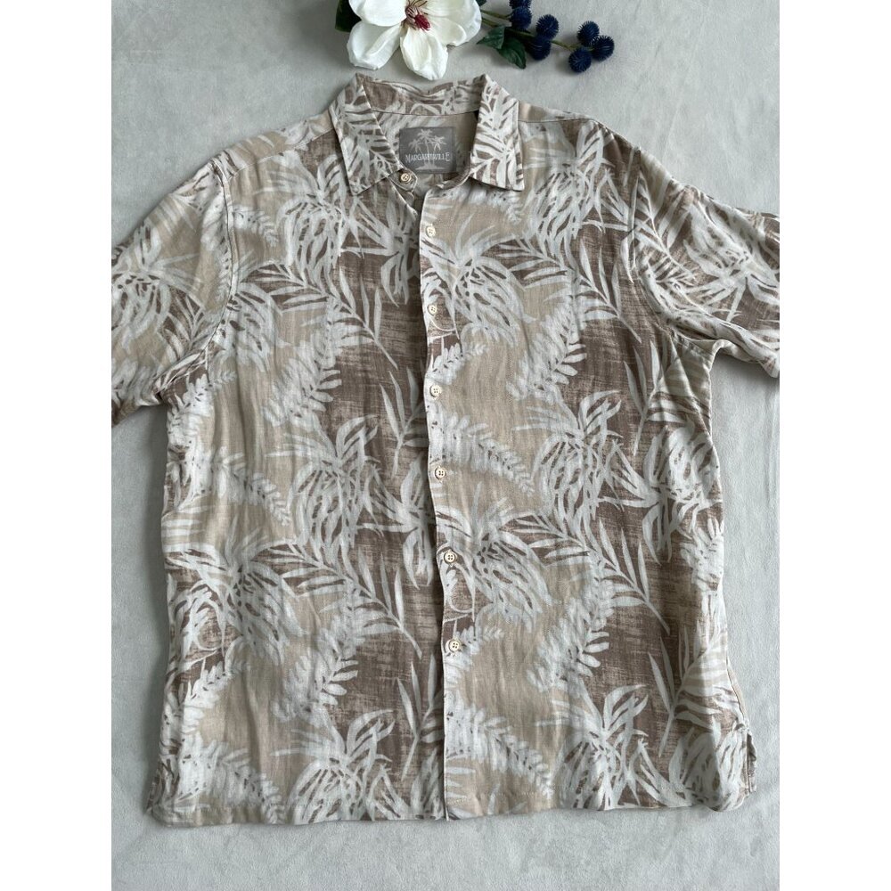 Margaritaville Hawaiian Tropical Leaf Print Button-Down Shirt Large
